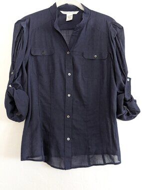 DIANE VON FURSTENBERG Blouse Women's 10 Sheer Roll Tab Sleeve Pleated Shoulder